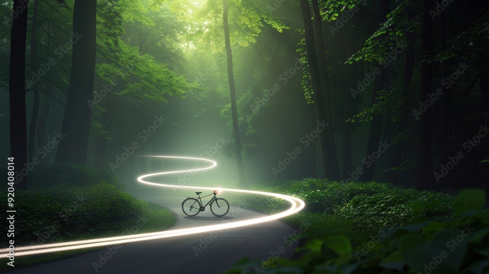 Poster a captivating photograph of a lone cyclist with a headlamp creating a bright light trail through a d