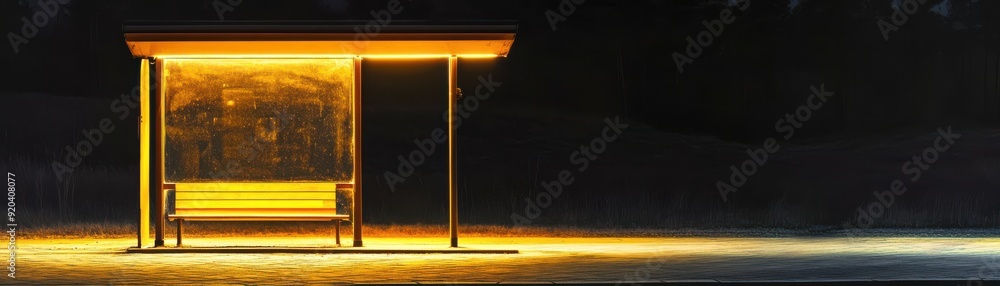 Poster a serene night scene of a bus stop illuminated with warm light, creating a peaceful atmosphere in a 