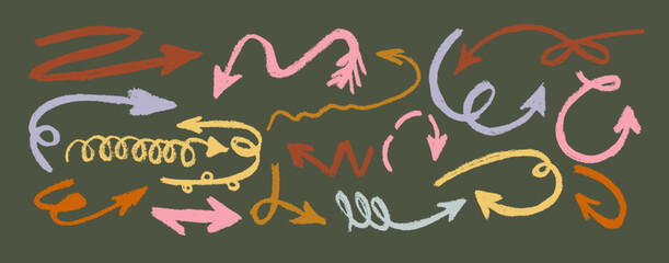 Collection of colorful chalked arrows.  Hand-drawn by brush. Freehand different curved arrows, straight, round, thick, thin, spiral signs and icons.
