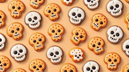 Obraz premium Whimsical seamless pattern of adorable iced pumpkin skull cookies in pastel orange, white, and black, perfect for festive Halloween baking and sweet treats.