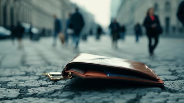 A lost wallet on the street and a blurred crowd of people on a city street. Money, credit cards and documents - the whole life of a modern person is in a small wallet.