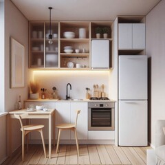 Home interior, small kitchen, open plan, white kitchen table, wooden cabinets, sink and refrigerator, residential design, minimalism. AI generated.