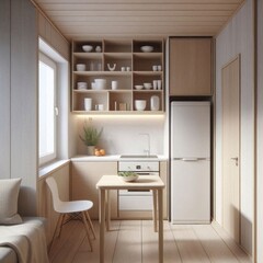 Home interior, small kitchen, open plan, white kitchen table, wooden cabinets, sink and refrigerator, residential design, minimalism. AI generated.