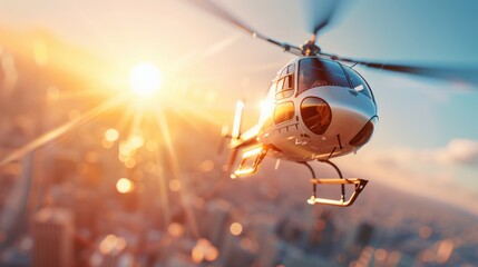 A helicopter hovering over a bustling city, capturing a panoramic view.