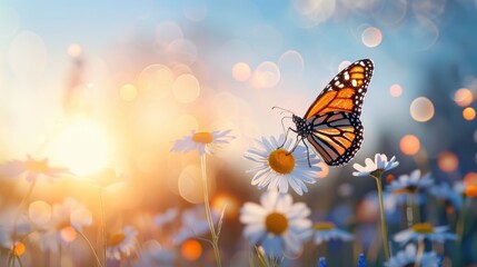 A Monarch butterfly with its wings spread wide, perched on a daisy in a field of wildflowers.