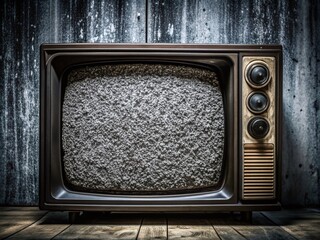 Distressed, high-contrast black and white TV static noise texture with gritty, grainy, and dated aesthetic, evoking a sense of retro nostalgia and analog imperfection.