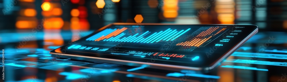 Poster a sleek tablet displays vibrant data visualizations against a backdrop of glowing lights, symbolizin