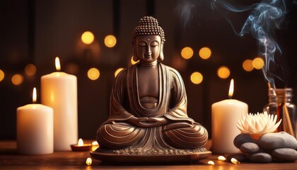 Fototapeta premium Serene Buddha Statue Surrounded By Candles And Incense In A Calm Setting