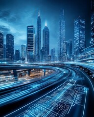 Fototapeta premium Futuristic urban skyline with buildings integrated with advanced technology, taken with Sony Alpha A7 III, copy space for text, more clarity with clear light and sharp focus, high detailed