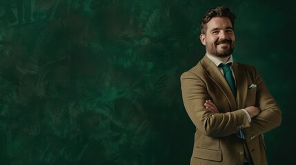 Rich emerald green banner with a velvet texture, showing a businessman in a tan suit, arms crossed, and smiling. 