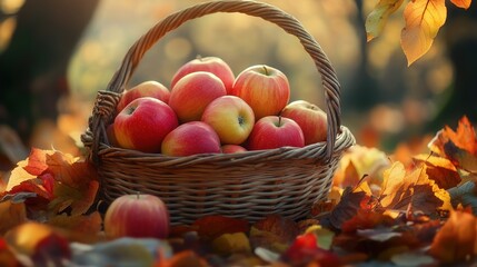 A woven basket filled with red and yellow apples rests on a bed of colorful autumn leaves, creating a warm and inviting fall atmosphere