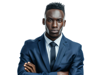 A young African businessman in a sharp suit, confidently looking into the camera, white background.