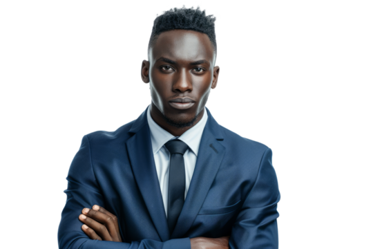 A young African businessman in a sharp suit, confidently looking into the camera, white background.