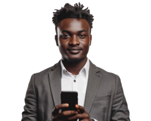 A young businessman from Sub-Saharan Africa, in a modern setting, holding a smartphone, symbolizing the promise and potential of African entrepreneurs.