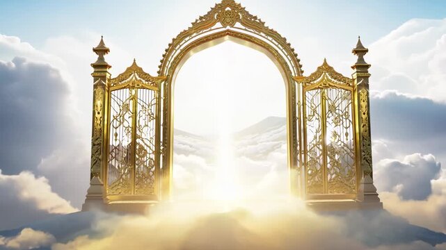 FHD video of an open golden gates of Paradise against white clouds. Entrance to the afterlife for the righteous. Golden archway to everlasting happiness and fulfillment.