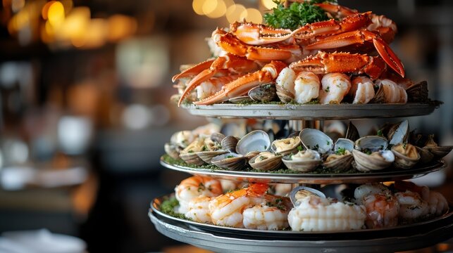 An elegant seafood platter stacked with various shellfish, including crab, shrimp, and clams, garnished with greenery, set against a softly lit background