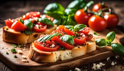 Italian bruschetta with tomato, basil and garlic on a chopping board
