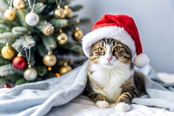 Cat in Santa Hat by Christmas Tree.