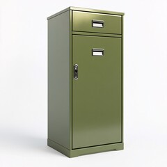 240805 129. Olive green colored file cabinet, white background, 3D Rendering, isometric, fireproof construction, digital keypad lock, reinforced steel body