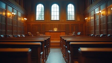 A solemn courtroom setting featuring wooden paneling, empty benches, and large arched windows, evoking a sense of justice and formality