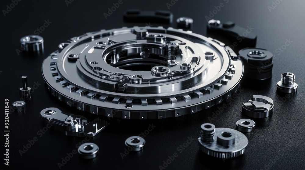 Poster close-up of metallic gears and components on a dark surface