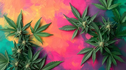 Marijuana leaves on a colorful background, close up top view on cannabis leaves and branches on colorful background for alternative medical and marketing design concept