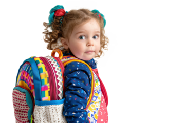A first-grade student wearing a colorful backpack, their face full of excitement for going to school, on a white background.