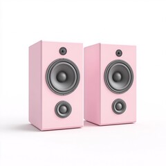 240805 171. Pink speakers, white background, 3D Rendering, isometric, stereo sound system, modern audio equipment, crisp treble with deep bass