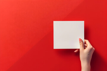 Fototapeta premium Woman's hand holding a blank white card on a red background.
