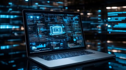 Blue hue coding interface digital data a sleek laptop displaying dynamic data visualization on a dark background, representing modern technology, analytics, and digital innovation in a professional