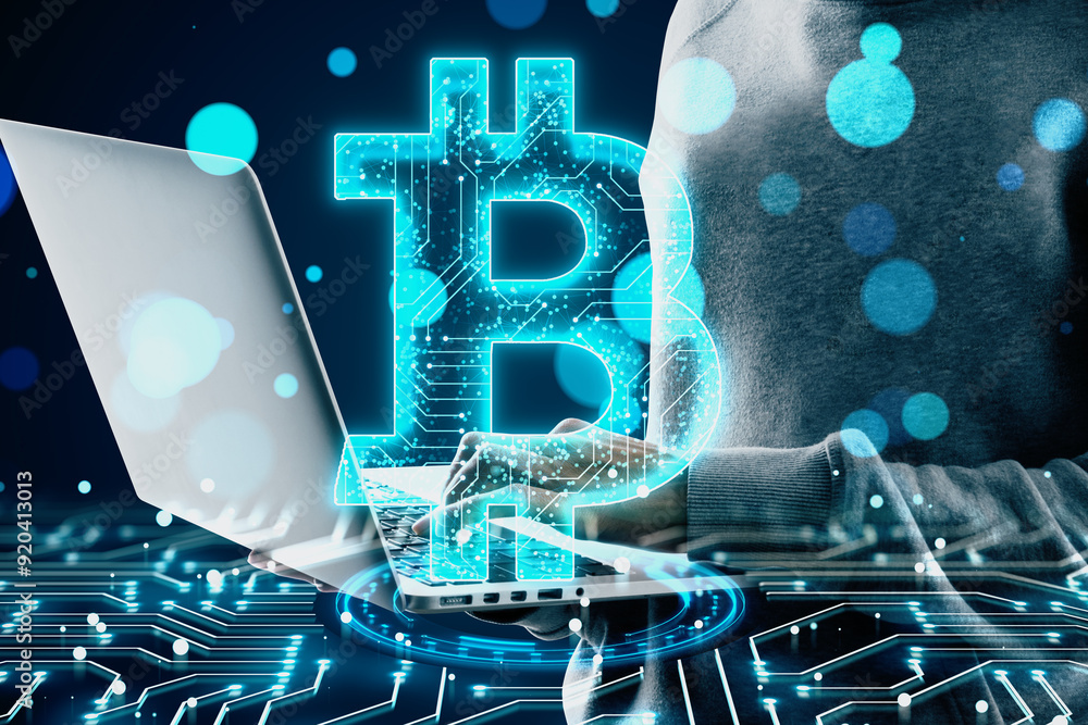 Aufkleber Close up of hacker hands using laptop with digital bitcoin sign on blurry blue bokeh circles background. Cryptocurrency, malware, finance and online banking concept. Double exposure.