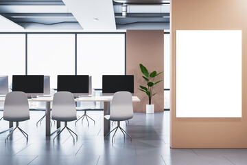 Modern bright coworking office interior with empty white mock up banner on wall, panoramic windows and city view, furniture and equipment. 3D Rendering.