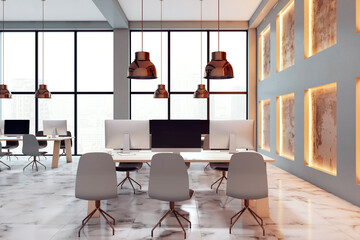 Clean designer coworking office interior with panoramic windows, city view and designer wall with illuminated pattern. 3D Rendering.