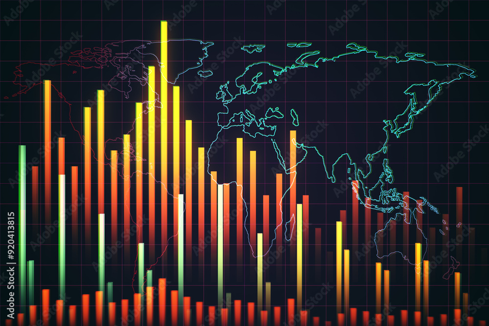 Poster abstract downward forex chart on dark backdrop. financial recession and crashing market concept. 3d 