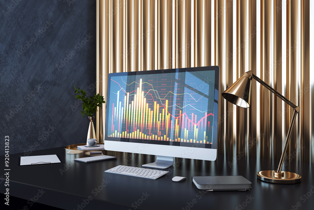 Poster close up of computer monitor on desk with lamp, supplies, plants and downward forex chart on wall ba