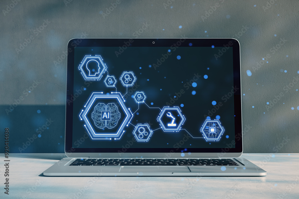Aufkleber Close up of laptop on desk with creative digital ai pattern on blackboard wall background. Artificial intelligence, automation and machine learning concept. 3D Rendering.