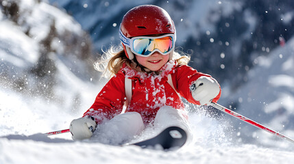 A teenage girl skiing during a winter holiday