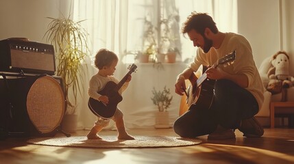 Father and Son Playing Acoustic Guitars Together