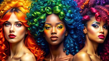 Obraz premium Vibrant, curly, and straight hair strands with various textures, from smooth and silky to coarse and afro, showcasing diversity and uniqueness in hairstyle.