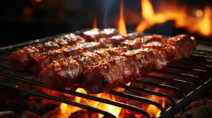 BBQ Barbecue grilled meat stick on fire flame with hot charcoal cooking outside. Beef grilling picnic outdoor with smoke 