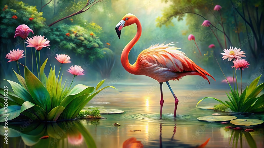 Wall mural vibrant flamingo standing in shallow water, surrounded by lush greenery and delicate water lilies, w