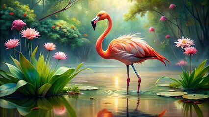 Vibrant flamingo standing in shallow water, surrounded by lush greenery and delicate water lilies, with soft, blended watercolor textures and whimsical brushstrokes.