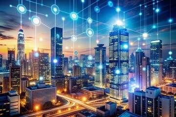 Obraz premium Futuristic blurred cityscape with glowing interfaces, circuits, and coding symbols, representing innovative technology integration and smart business strategy in a rapidly changing world.