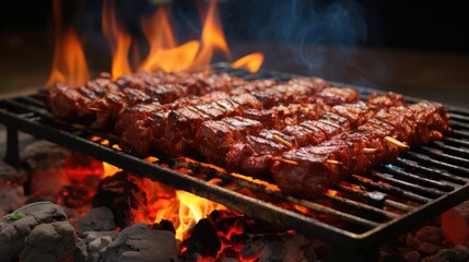 BBQ Barbecue grilled meat stick on fire flame with hot charcoal cooking outside 