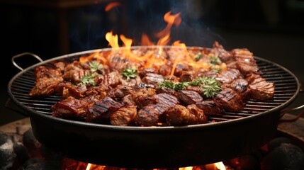 BBQ Barbecue grilled meat stick on fire flame with hot charcoal cooking outside. 