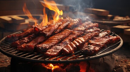 BBQ Barbecue grilled meat stick on fire flame with hot charcoal cooking outside. 