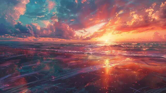 Explore the aesthetics of a beach sunset. How do the colors, reflections, and overall ambiance create a captivating and memorable experience