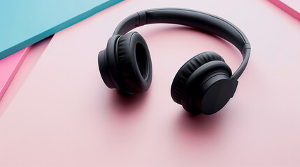 one Headphones on colorful (multicolor tonal transitions) background. Poster layout with free text (copy) space.