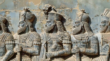 Ancient Persian warriors depicted in a relief, showcasing detailed craftsmanship and historical significance