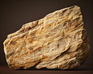 A large weathered sandstone boulder with visible striations displayed on a dark brown background to emphasize its natural beauty and textures.